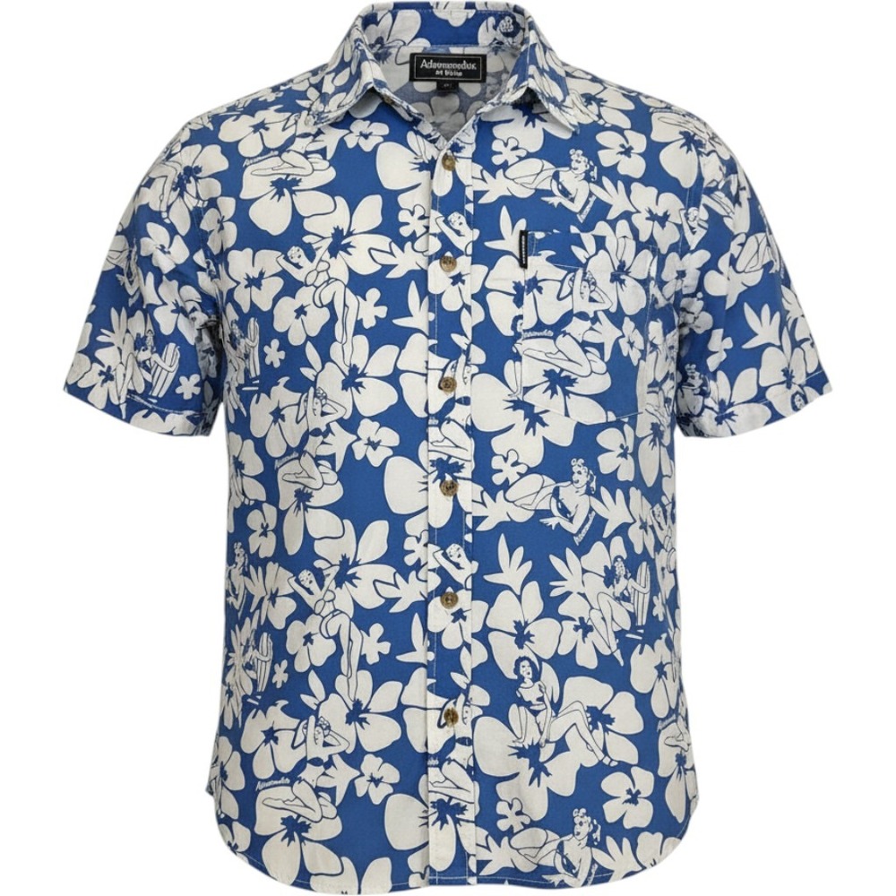 Abercrombie & Fitch Hawaiian Pinup Girl Hibiscus Floral Muscle Shirt Blue Size M